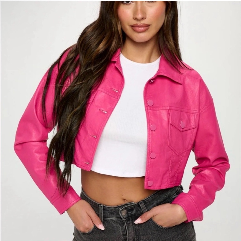NWT LA Coalition XL Hot Pink Vegan Leather Cropped Trucker Jacket